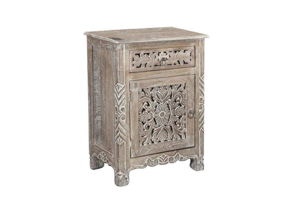 One Drawer Carved Floral Solid Wood Nightstand - Distressed Gray