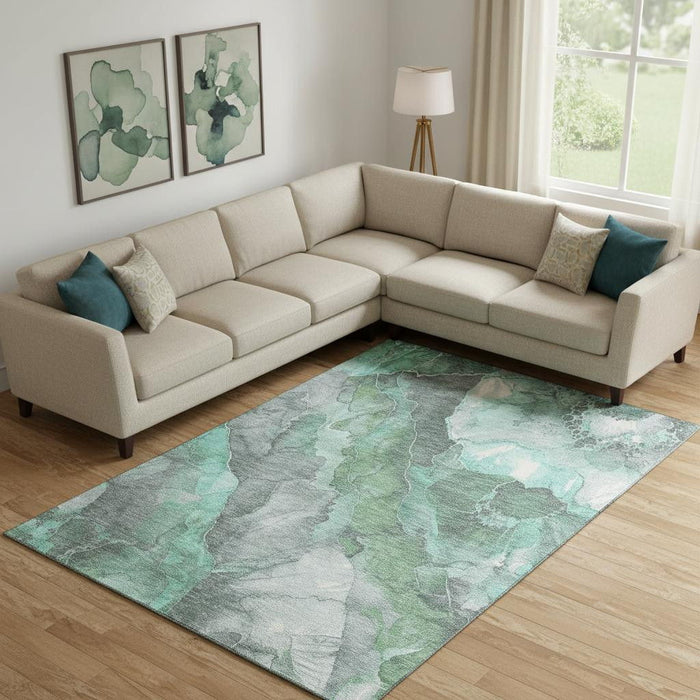 10' X 14' Floral Washable Area Rug With UV Protection (701401) - Teal / Gray / Ivory