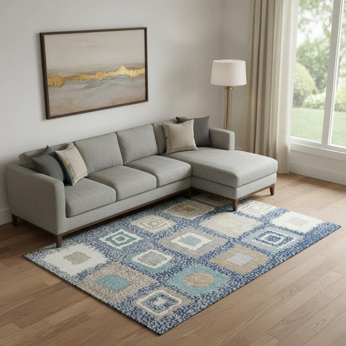 10' X 14' Geometric Washable Area Rug With UV Protection (711011) - Navy Blue / Ivory / Beige