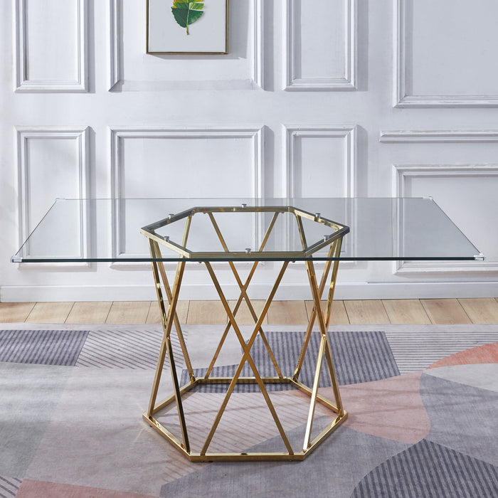 63" Glass And Metal Geo Pedestal Base Dining Table - Gold
