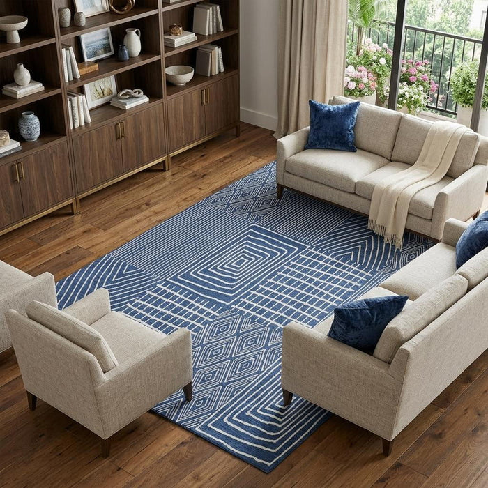 10' X 14' Geometric Washable Area Rug With UV Protection (678089) - Navy Blue / Ivory