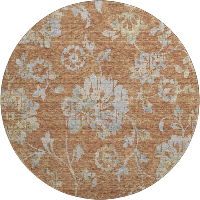 8' Floral Washable Round Rug With UV Protection (667930) - Rust / Gray