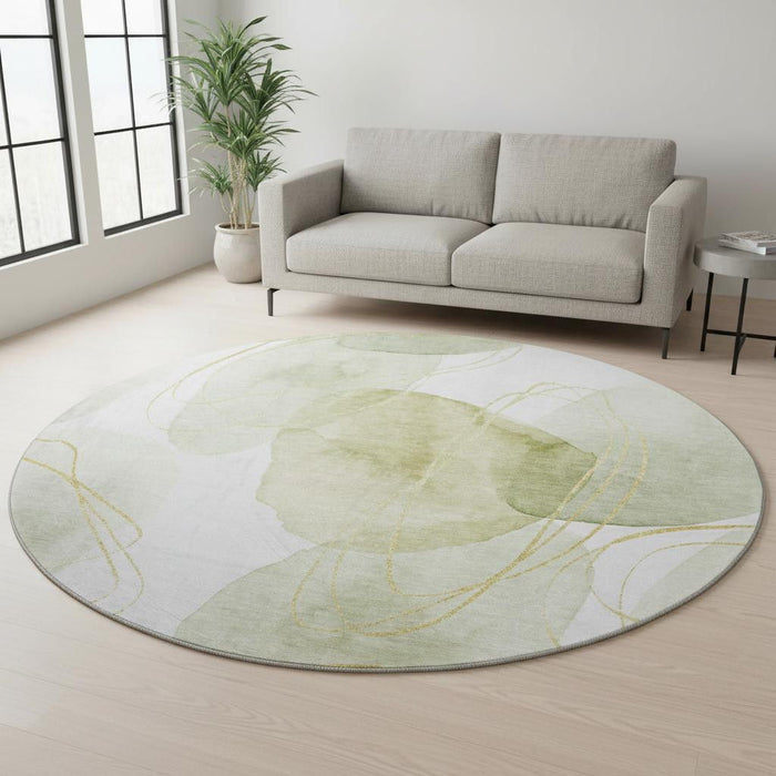 8' Abstract Washable Round Rug With UV Protection (648421) - Green / Gold / Ivory
