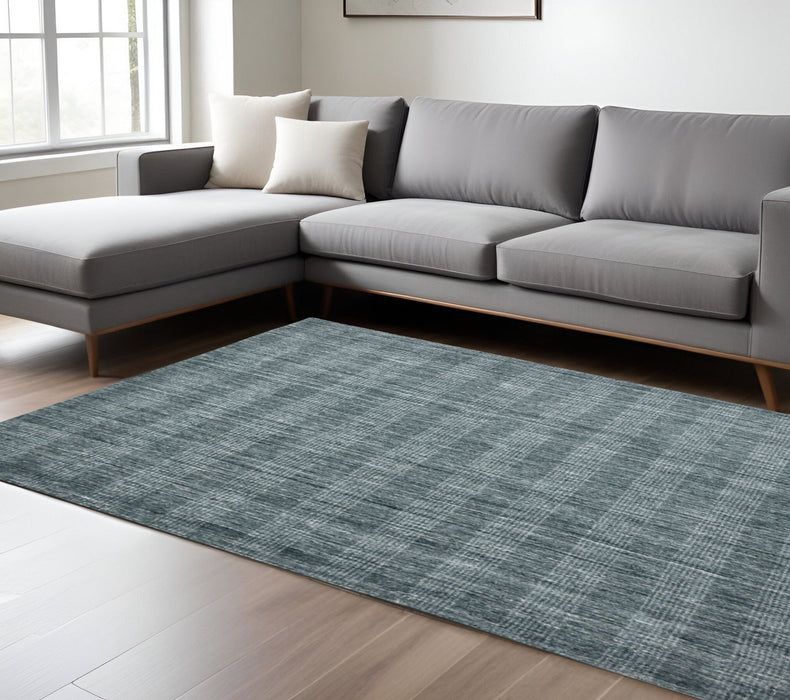 9' X 12' Wool Plaid Hand Woven Area Rug - Blue And Ivory
