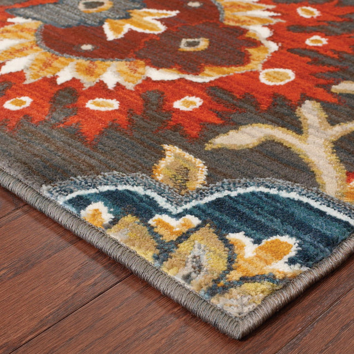 10' x 13' Floral Power Loom Stain Resistant Area Rug - Brown Gray Rust Red Gold Teal And Blue Green