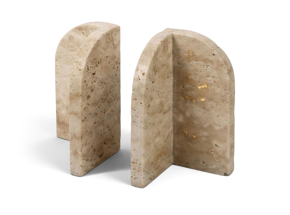 Meridian Furniture Dufresne genuine marble bookend in travertine with sleek, modern design, perfect for holding books upright.