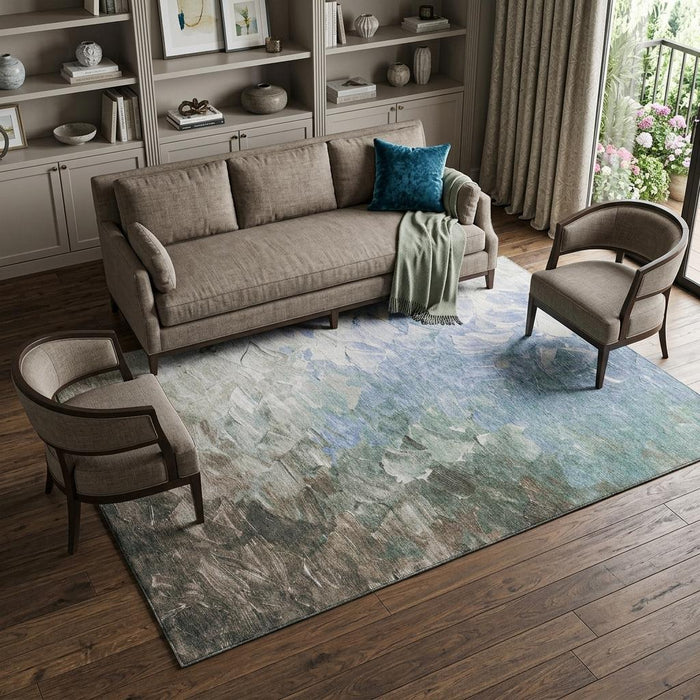 10' X 14' Abstract Washable Area Rug With UV Protection (696722) - Denim Blue / Ivory / Taupe