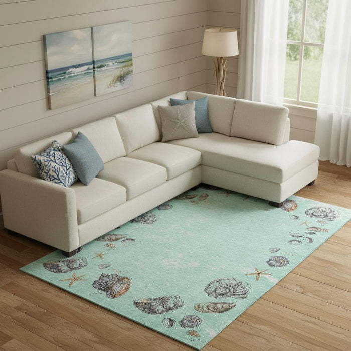 10' X 14' Geometric Washable Area Rug With UV Protection (646067) - Green / Light Blue / Beige