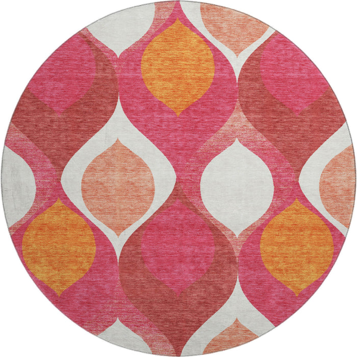 8' Ogee Washable Round Rug With UV Protection - Pink