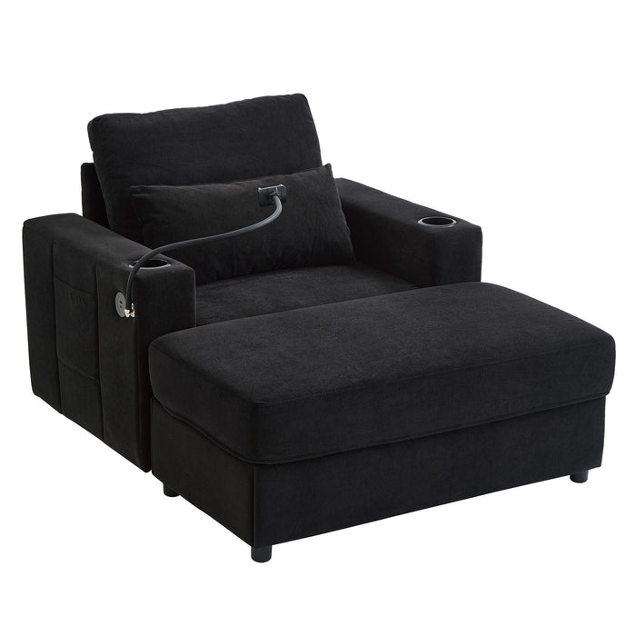 Giga modern stationary armchair and chaise lounge sofa with storage ottoman, USB ports, cup holders, phone holder, and side pockets.