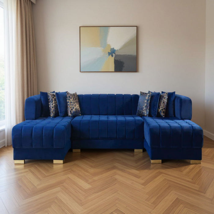 Velvet U-Shaped Three Piece Sofa Chaise Sectional With Toss Pillows - Blue