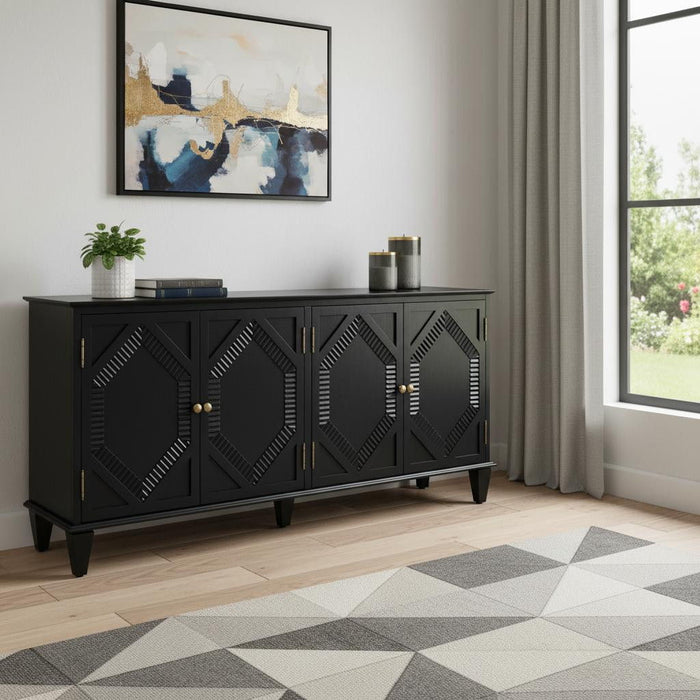 Wood Carved Geometric Accent Cabinet With Four Doors - Black