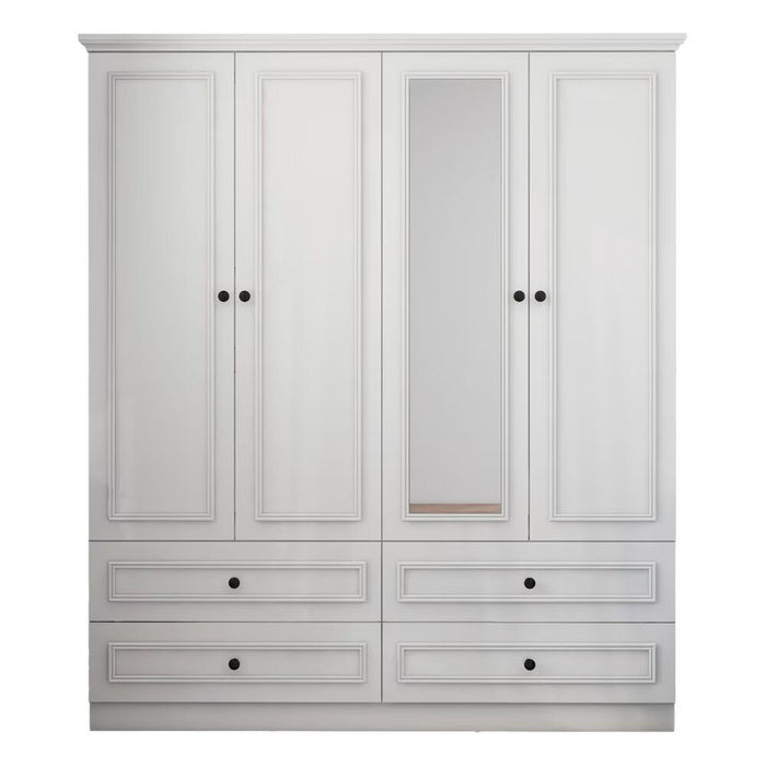 White 71-inch carved geometric dresser with four doors and four drawers, ideal for bedroom wardrobes, by HomeRoots.