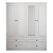 White 71-inch carved geometric dresser with four doors and four drawers, ideal for bedroom wardrobes, by HomeRoots.