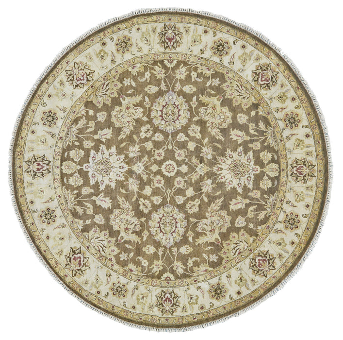 8' Wool Oriental Hand Knotted Round Rug - Brown Gold And Tan