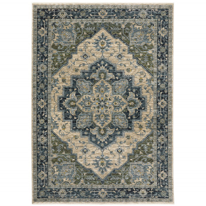 10' x 13' Oriental Power Loom Stain Resistant Area Rug With Fringe - Blue Gray Beige Tan Green And Gold