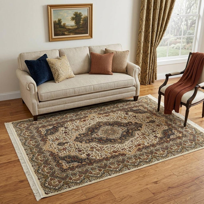 5' X 8' Medallion Area Rug With Fringe (574468) - Ivory / Black / Brown