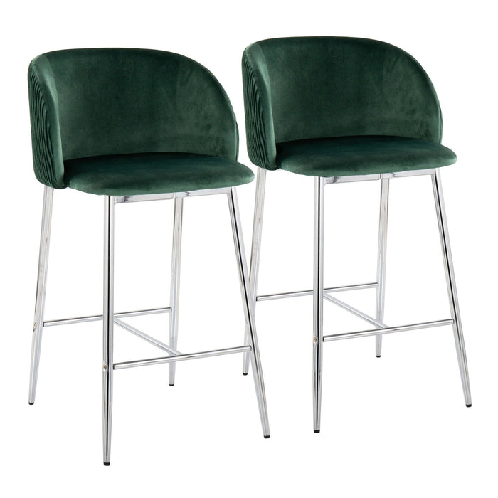 Luna - Pleated Waves Contemporary/Glam Fixed-Height Counter Stool (Set of 2) - Chrome Metal And Green Velvet