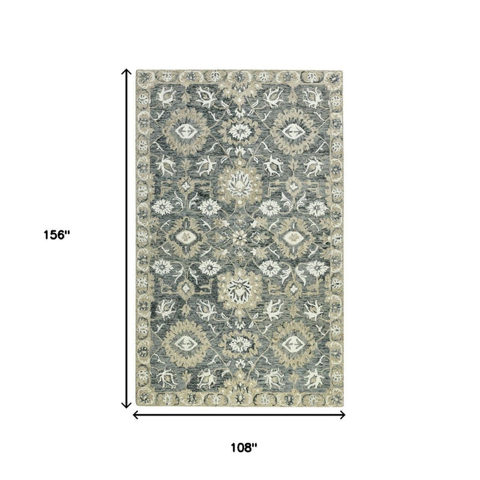 9' X 13' Wool Floral Medallion Hand Hooked Area Rug - Gray And Beige