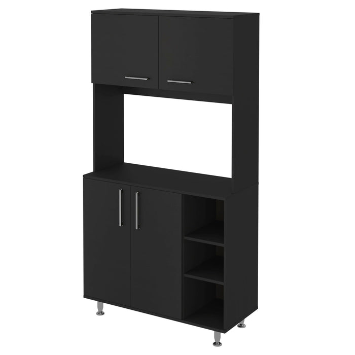 Black wall-mounted accent cabinet with seven shelves and six drawers, ideal for storage and organization in a modern home.