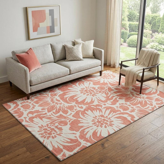 5' X 8' Floral Washable Area Rug With UV Protection (648696) - Salmon / Ivory