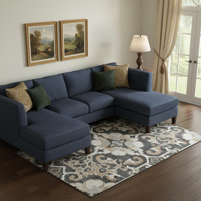 10' X 14' Floral Medallion Washable Area Rug With UV Protection (709066) - Charcoal / Taupe / Ivory