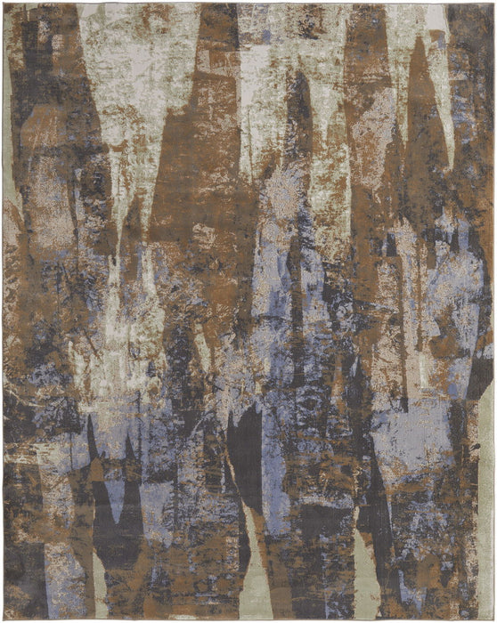 9' x 12' Abstract Power Loom Distressed Area Rug - Brown Blue And Ivory