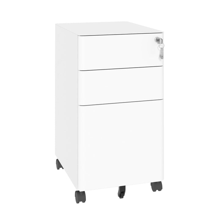White Giga 3-drawer mobile filing cabinet with lock, on wheels, featuring two shallow and one deep drawer for office or home use.