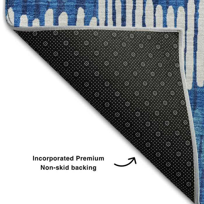 10' X 14' Striped Washable Area Rug With UV Protection (670658) - Navy Blue / Ivory / Gray