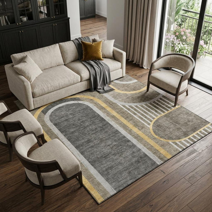 10' X 14' Geometric Washable Area Rug With UV Protection (647932) - Taupe / Gold