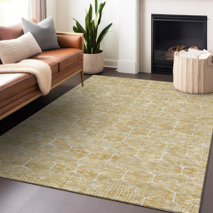 9' X 12' Geometric Washable Area Rug Polyester With UV Protection - Ivory And Gold