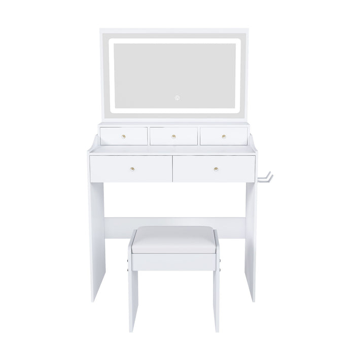 Giga modern makeup vanity set with adjustable lighting, power outlet, and hair dryer holder, featuring a sleek mirror and storage space.