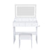 Giga modern makeup vanity set with adjustable lighting, power outlet, and hair dryer holder, featuring a sleek mirror and storage space.