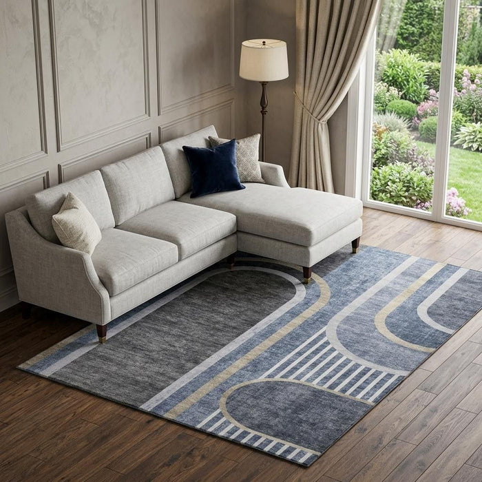 10' X 14' Geometric Washable Area Rug With UV Protection (647914) - Navy Blue / Khaki