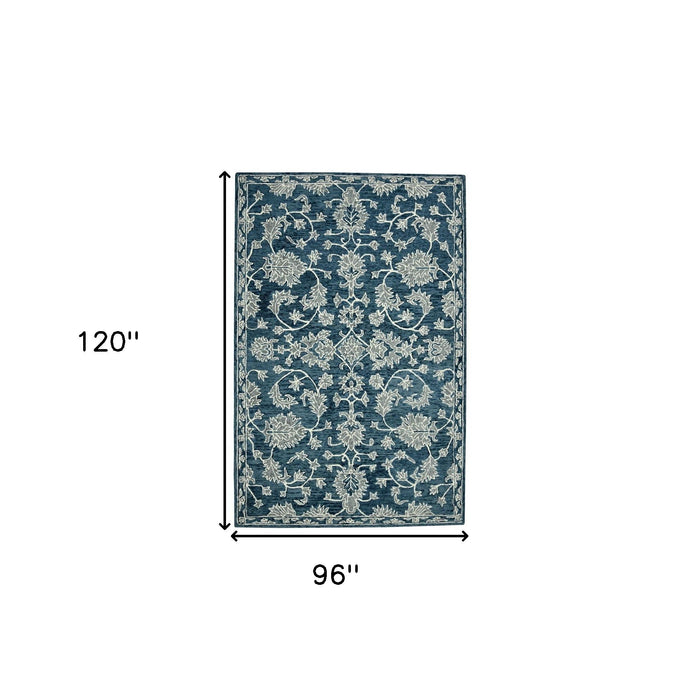 8' X 10' Wool Floral Medallion Hand Hooked Area Rug - Teal
