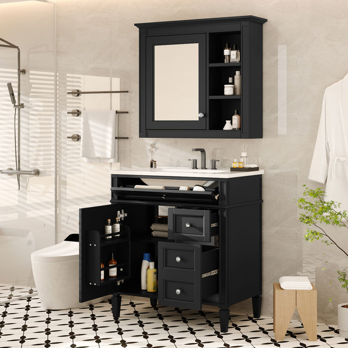 Giga bathroom vanity with top sink, two doors, three drawers, freestanding set, and mirror cabinet in a modern design.