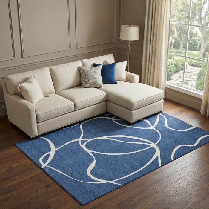 10' X 14' Abstract Washable Area Rug With UV Protection (678658) - Navy Blue / Ivory