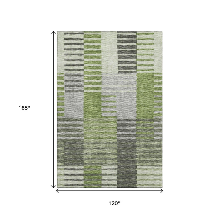 10' X 14' Striped Washable Area Rug With UV Protection (656256) - Green / Ivory / Gray