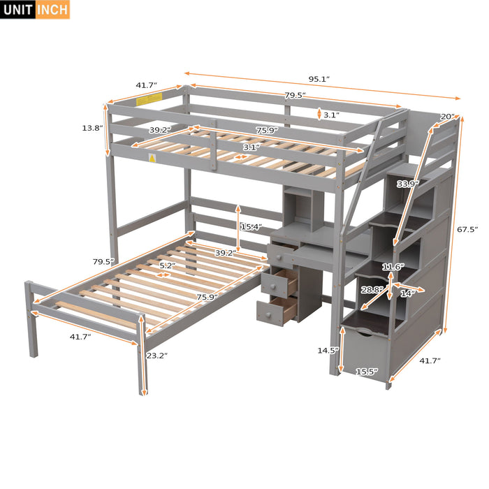 Giga loft bed with standalone bed, storage staircase, desk, shelves, and drawers in a modern bedroom setup