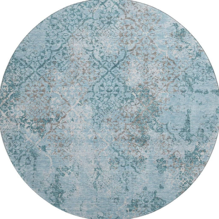 8' Transitional Transitional Abstract Washable Round Rug With UV Protection - Teal