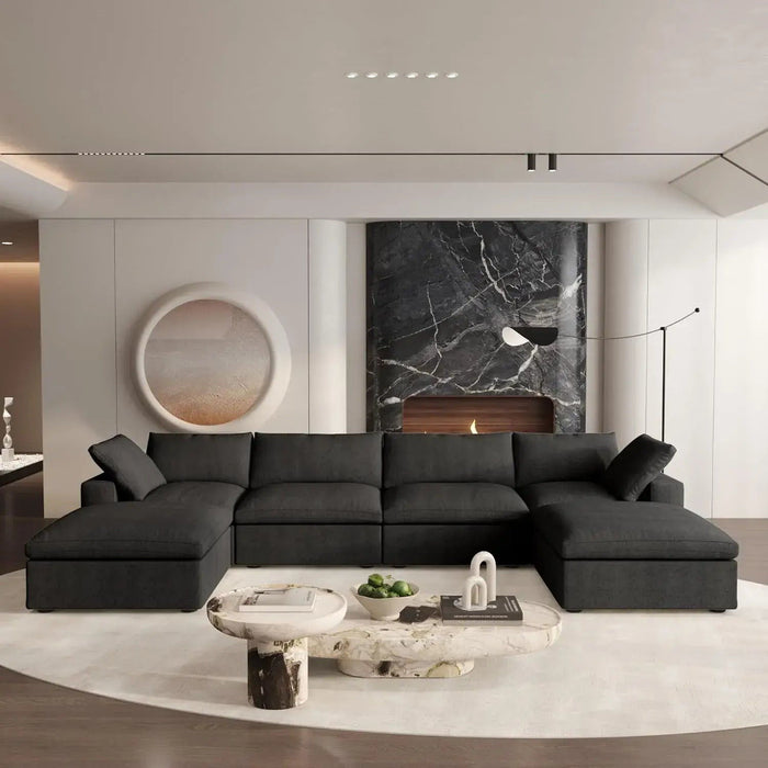 160" Two Piece Living Room Set Blend Modular Sofa With Ottoman Storage - Black
