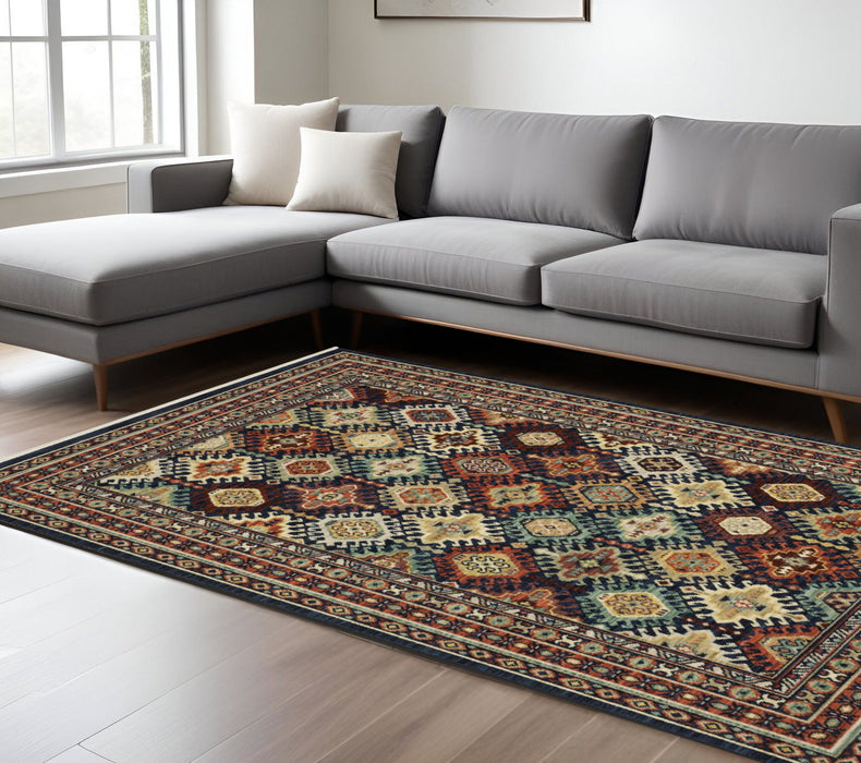 7' X 10' Oriental Area Rug With Fringe - Navy Blue And Orange
