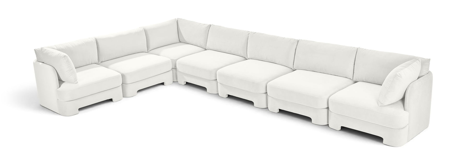 Velvet performance fabric Meridian Furniture 7-piece sectional sofa with plush cushions and modern design in a stationary sectional setup.