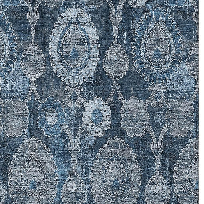 10' X 14' Damask Washable Area Rug With UV Protection - Navy Blue And Gray