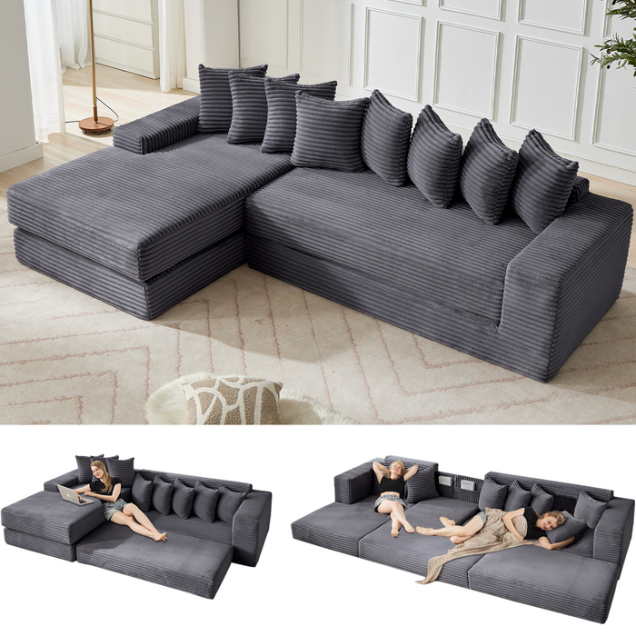 [NEW ARRIVED] [VIDEO PROVIDED] Oversize Cloud Couch, L-Shape Sofa, Convertible Floor Sleeper Sofa Bed, No Assembly ,Eight pillows,3-in-1,Side Pocket,(Left Facing Sofa),Corduroy,Dark Gray