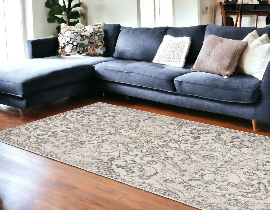 8' x 10' Floral Vines Distressed Area Rug - Ivory And Gray