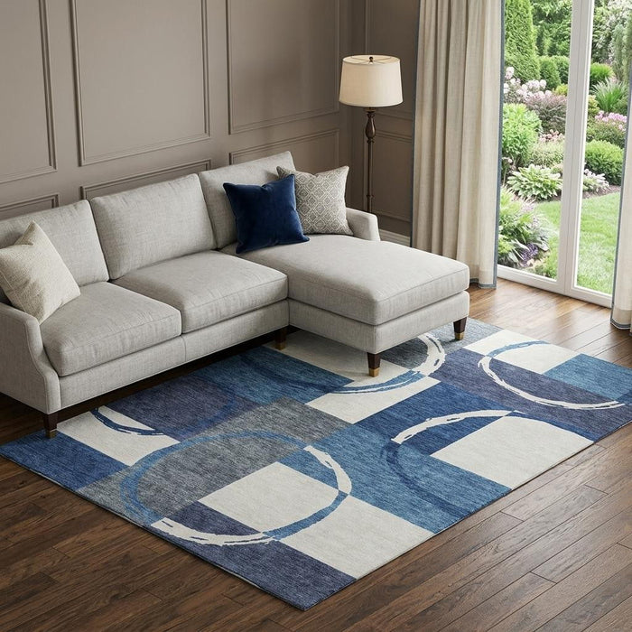 10' X 14' Geometric Washable Area Rug With UV Protection (675060) - Blue / Ivory