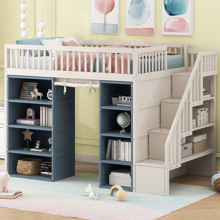 White Giga loft bed with built-in staircase, privacy curtain, and two four-layer storage cabinets in a spacious bedroom setting.