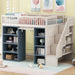 White Giga loft bed with built-in staircase, privacy curtain, and two four-layer storage cabinets in a spacious bedroom setting.
