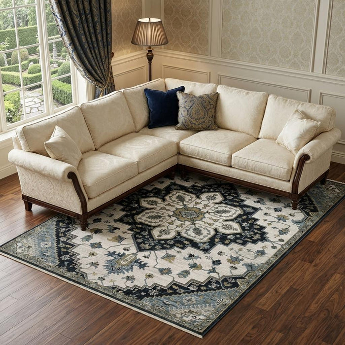 10' X 13' Medallion Area Rug With Fringe (575096) - Blue / Gray / Ivory